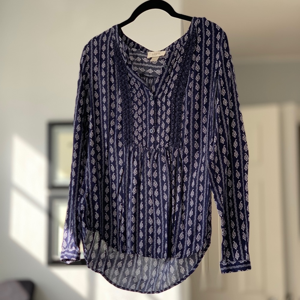 LOFT boho rayon blouse pintuck & crochet details